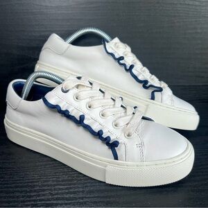 Tory Burch Sport Women’s Ruffle Fashion Sneakers Sz 5 White Leather Navy GUC